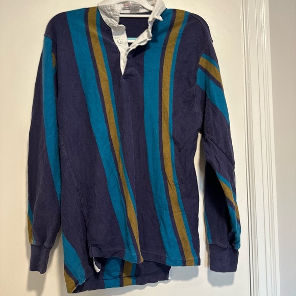 Vintage 90s Rugby Men’s Sz: M Penguin Club Navy Teal Gold Vertical Stripe Polo. - Picture 1 of 10